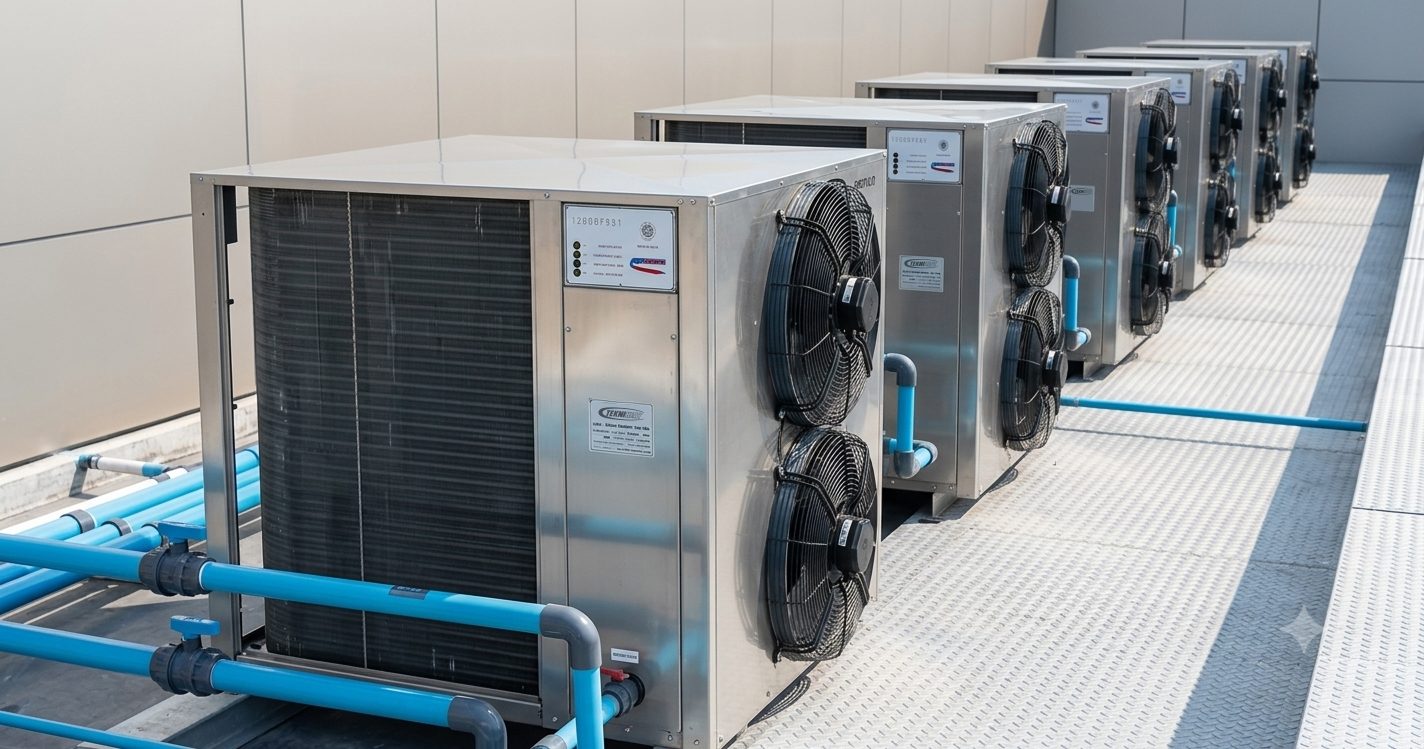 Tekniheat Econotek heat pump installed with insulated pipework in a client plant room